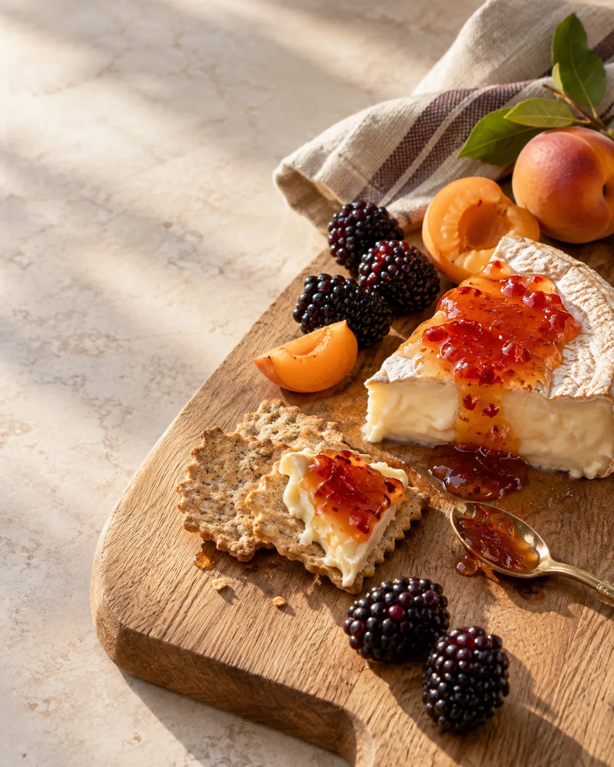 Pepper jelly served over creamy cheese with crackers, berries, and apricot